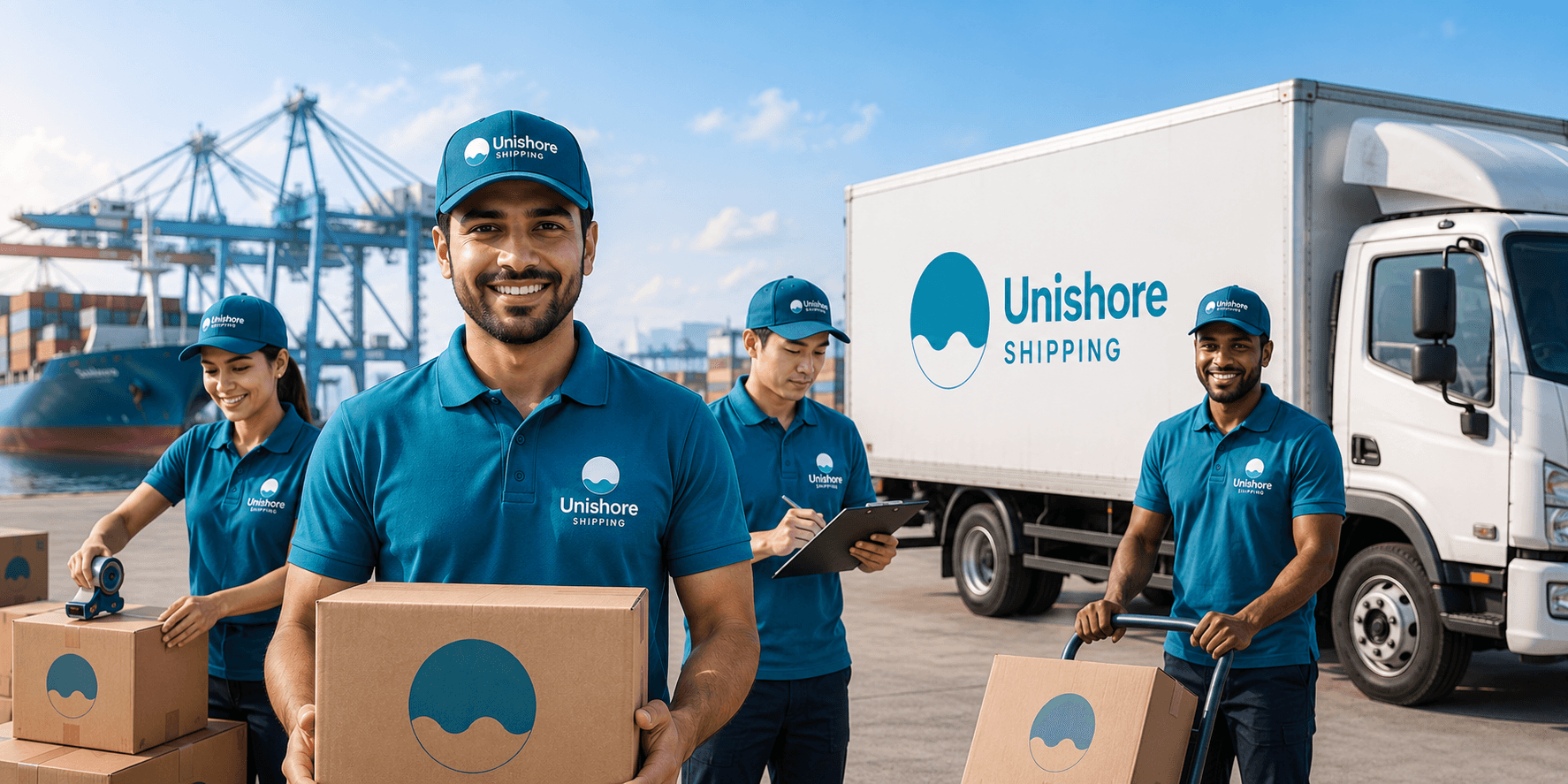 Unishore team members in branded uniforms handling boxes beside a branded delivery truck at a shipping port